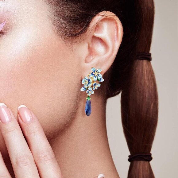 Women Blue Santuzza Sterling Silver Gemstone Enamel Flower Earrings - Picture 5 of 6